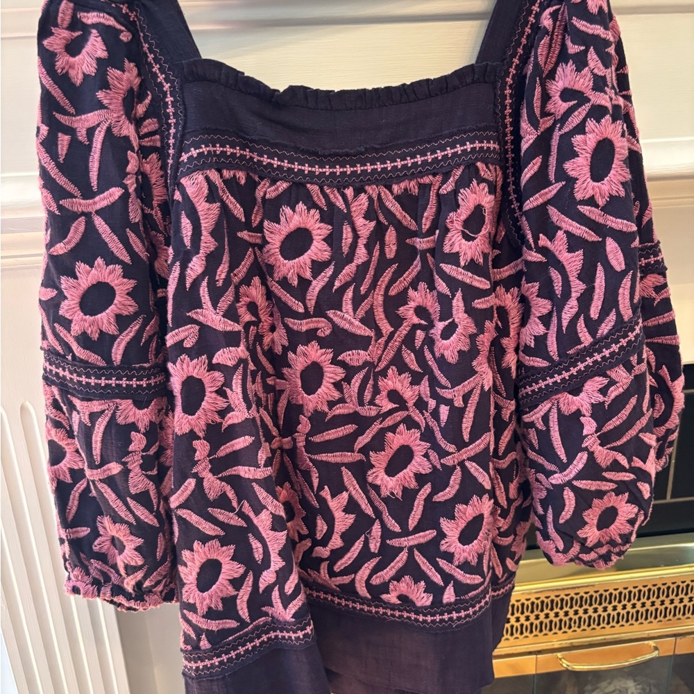 Statement Floral Embroidered Blouse - Pink on Navy